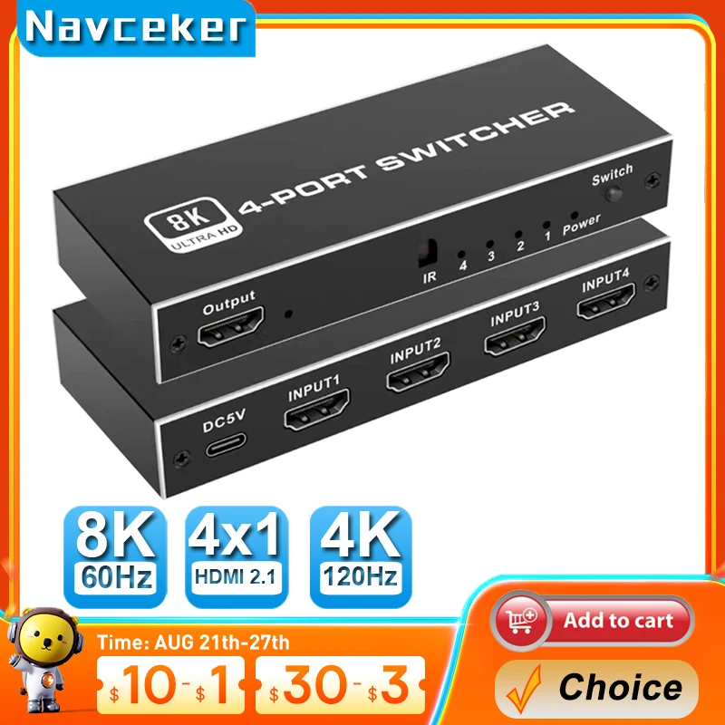 

2023 Switcher HDMI 2.1-compatible 4K 120Hz 4 in 1 out 2 in 1 out 8K 60Hz Switch Splitter adapter IR Remote For PS5 PS4 Projector