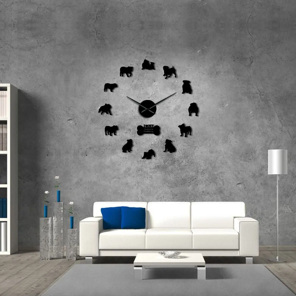 Большие настенные часы с изображением английского бульдога щенков силуэт