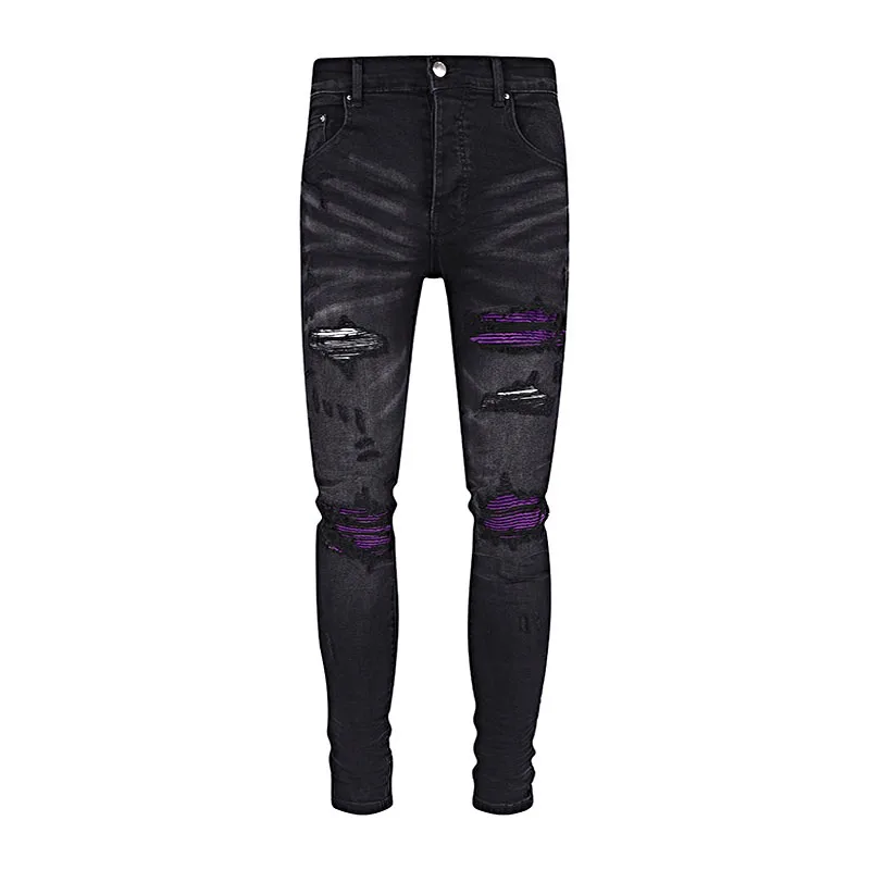 Luxury Brand Men's Jeans Classic Slim Fit Washable Cotton Stretch Skinny Trouser Hip Hop Ripped Purple Lining Patch Pencil Pants