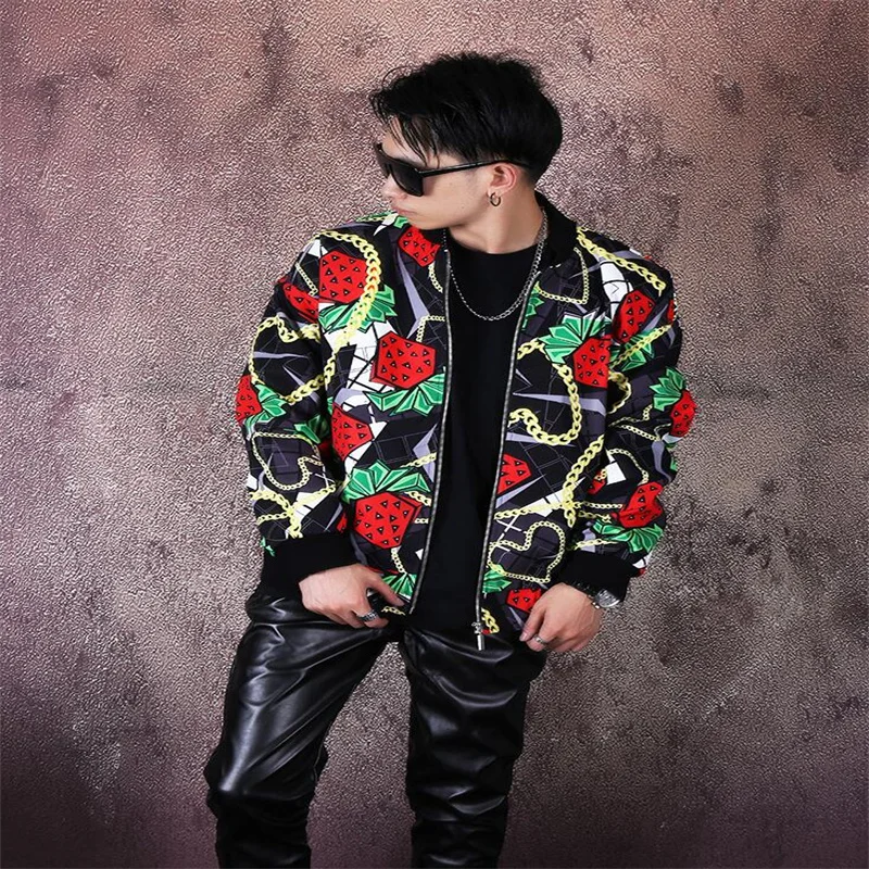 Strawberry print jacket mens short coats singer dance Hip Hop baseball uniform stage costume national tide black