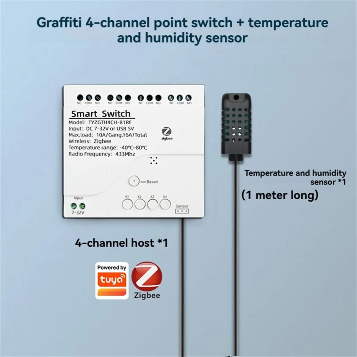 Фото A80I Tuya Zigbee DC 7-32В 4-канальный умный выключатель с датчиком температуры и влажности, пассивный сухой контактный модуль, вилка стандарта ЕС №4