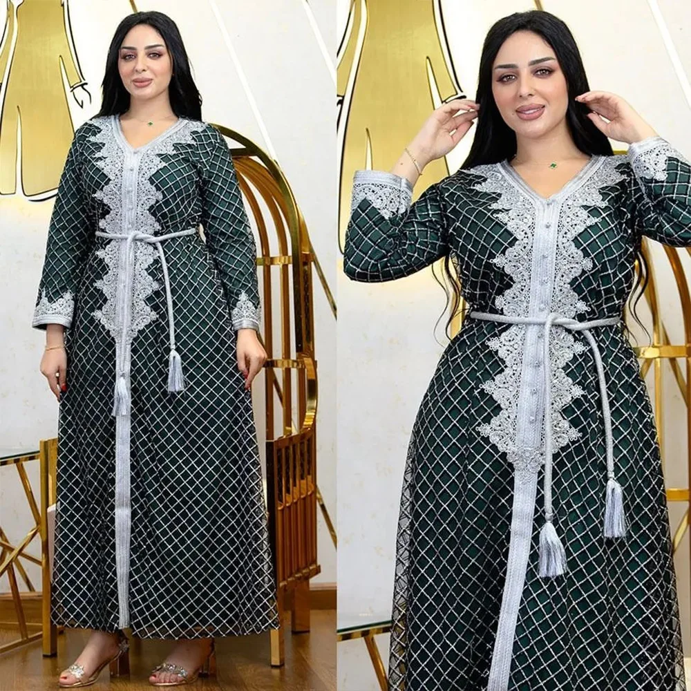 middle east muslim abaya plaid sequins sequin party dress skirt belted muslim