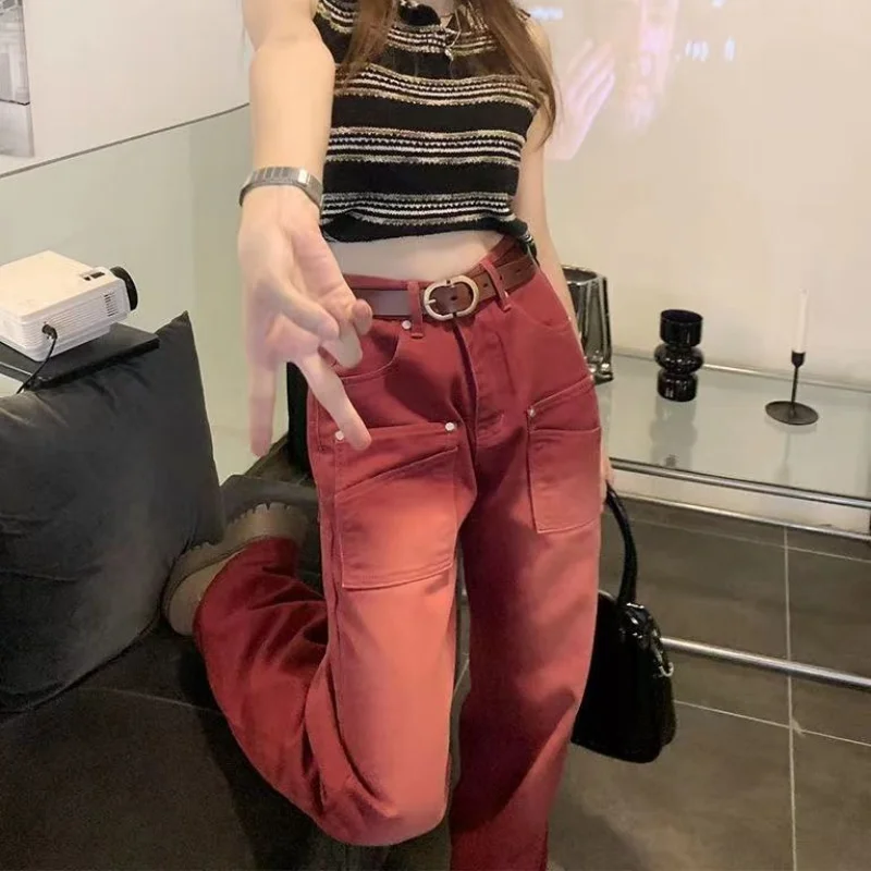 Autumn High Street Retro Red Washed Distressed High Waist Straight Jeans Women's Fashion All-Match Loose Slimming Pants Women