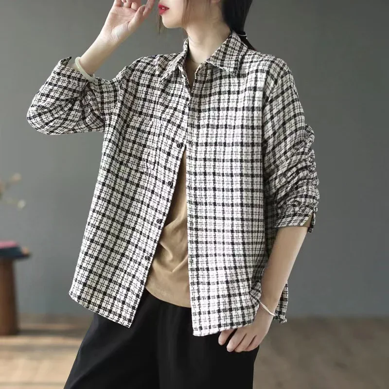 Винтажная клетчатая куртка-рубашка с длинными рукавами женская осенняя новая