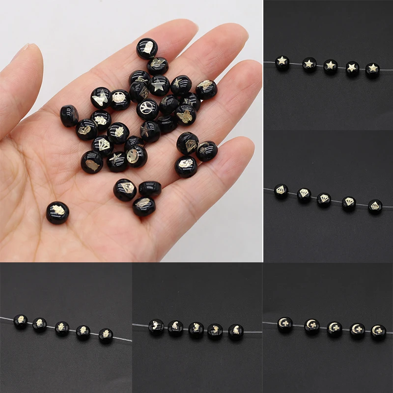 

Hot 8mm Black & Gold Mix Design Shell Beads Flat Round Loose Space Bead for Jewelry Handmade Diy Women Bracelet Necklace Crafts