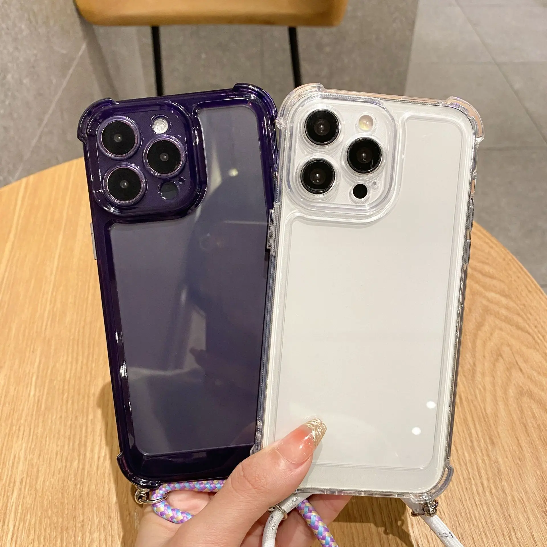 

Fashion Clear Four Corners Too Empty Shell Cross Lanyard Protective Case for iPhone 14 13 12 Pro Max XS Max XS XR X 7 8 Plus