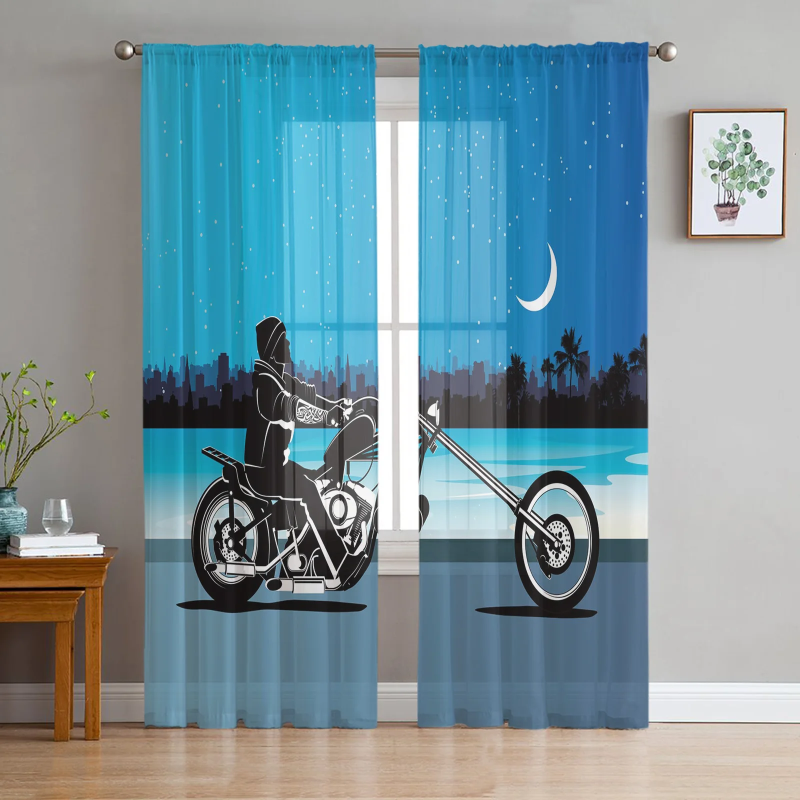 Motorcycle Night Seaside Sheer Window Curtains for Bedroom Drapes Home Decor Tulle Curtains for Living Room Chiffon Curtains