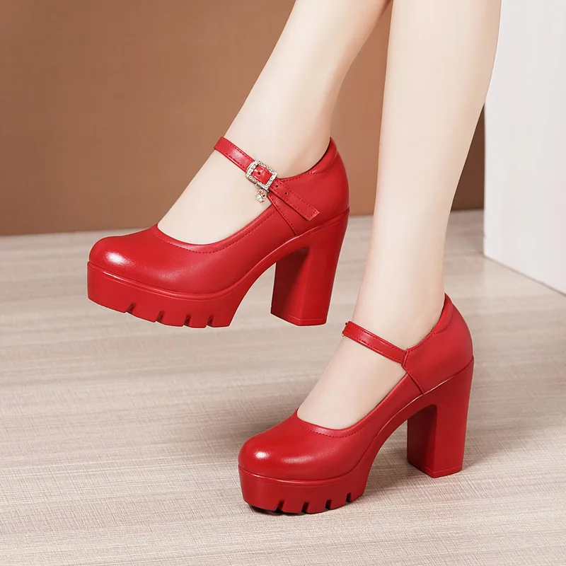 

Женские туфли-лодочки на массивной платформе, красные или белые свадебные туфли на высоком квадратном каблуке, маленькие размеры 32-43, для оф...