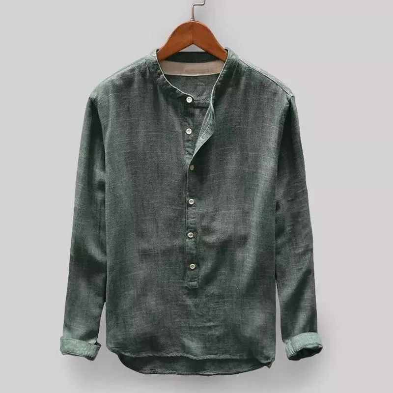 Men Fashion Shirt 2022 Spring New Long Sleeve Casual Solid Color Cotton Linen Stand Mens Shirts Clothes | Мужская одежда