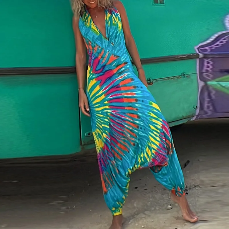 

Summer Graffiti Print Loose Beach Playsuits Fashion Boho Backless Women Rompers Sexy Lady Deep V Sleeveless Cross-pants Jumpsuit
