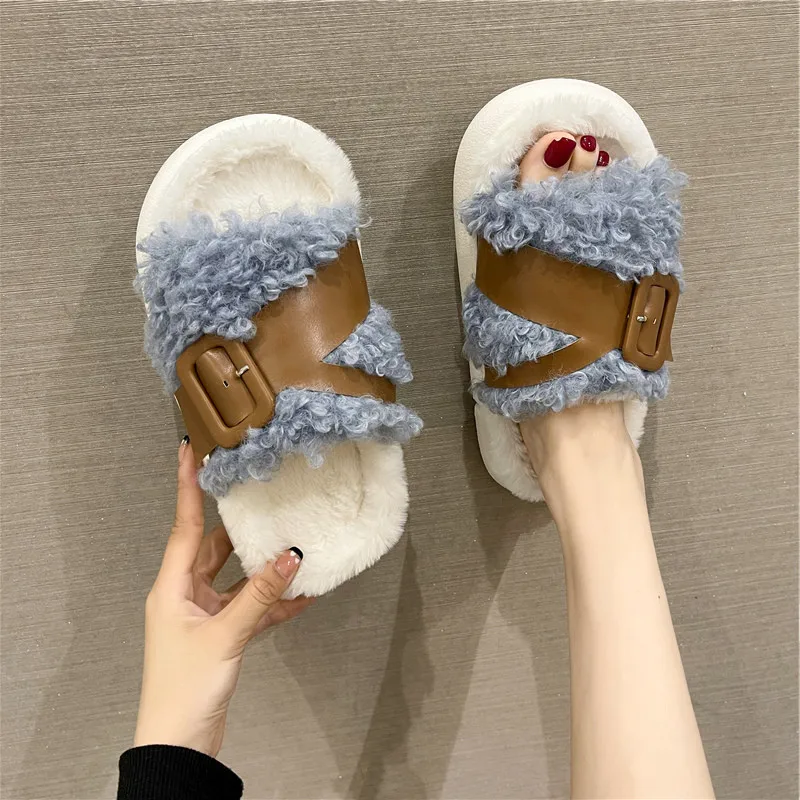 

Shoes Women Female Slippers Low Platform Fur Flip Flops Slides Fashion Flock Soft 2022 Flat Plush Luxury Rubber Casual Bonded