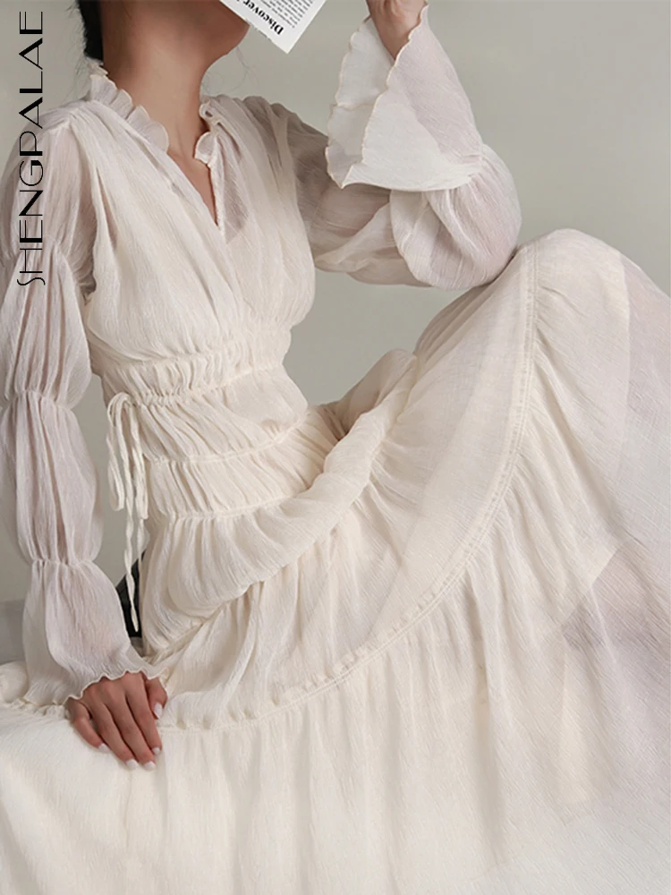 SHENGPALAE Fashion V-neck Dress For Women Chiffon Lantern Sleeve Lace Up Waist Solid Color Folds Vestido Summer 2023 New 5R3968