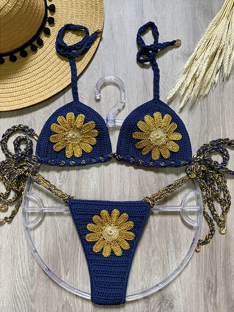 

Women Bikini Sets Adjustable Lace-up Bra With Chrysanthemum Floral,Hand Crochet Swimsuits With Sexy High-waist Thongs