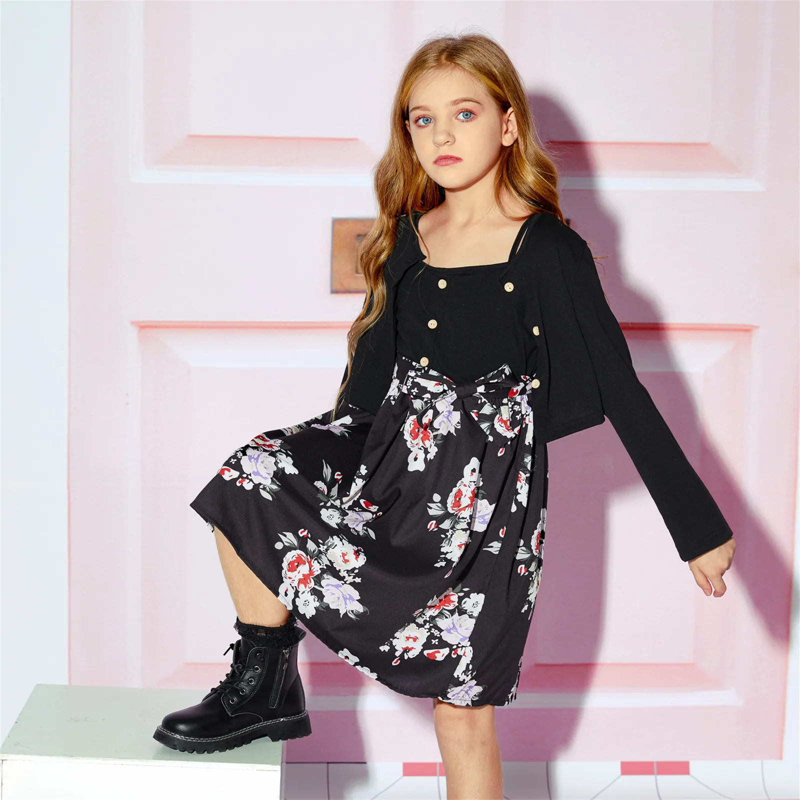 

PatPat Kid Girl Unicorn Print Splice Colorblock Belted Long-sleeve Dress