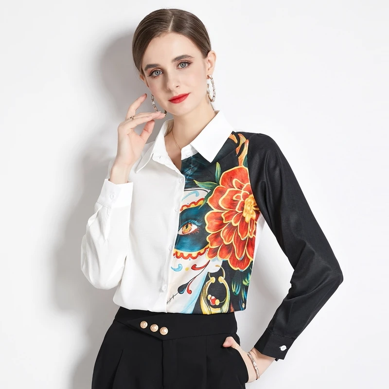 

Женская шифоновая блузка с длинным рукавом, модельная дизайнерская блузка контрастных цветов в стиле пэчворк, элегантная винтажная рубашка с цветочным принтом на осень