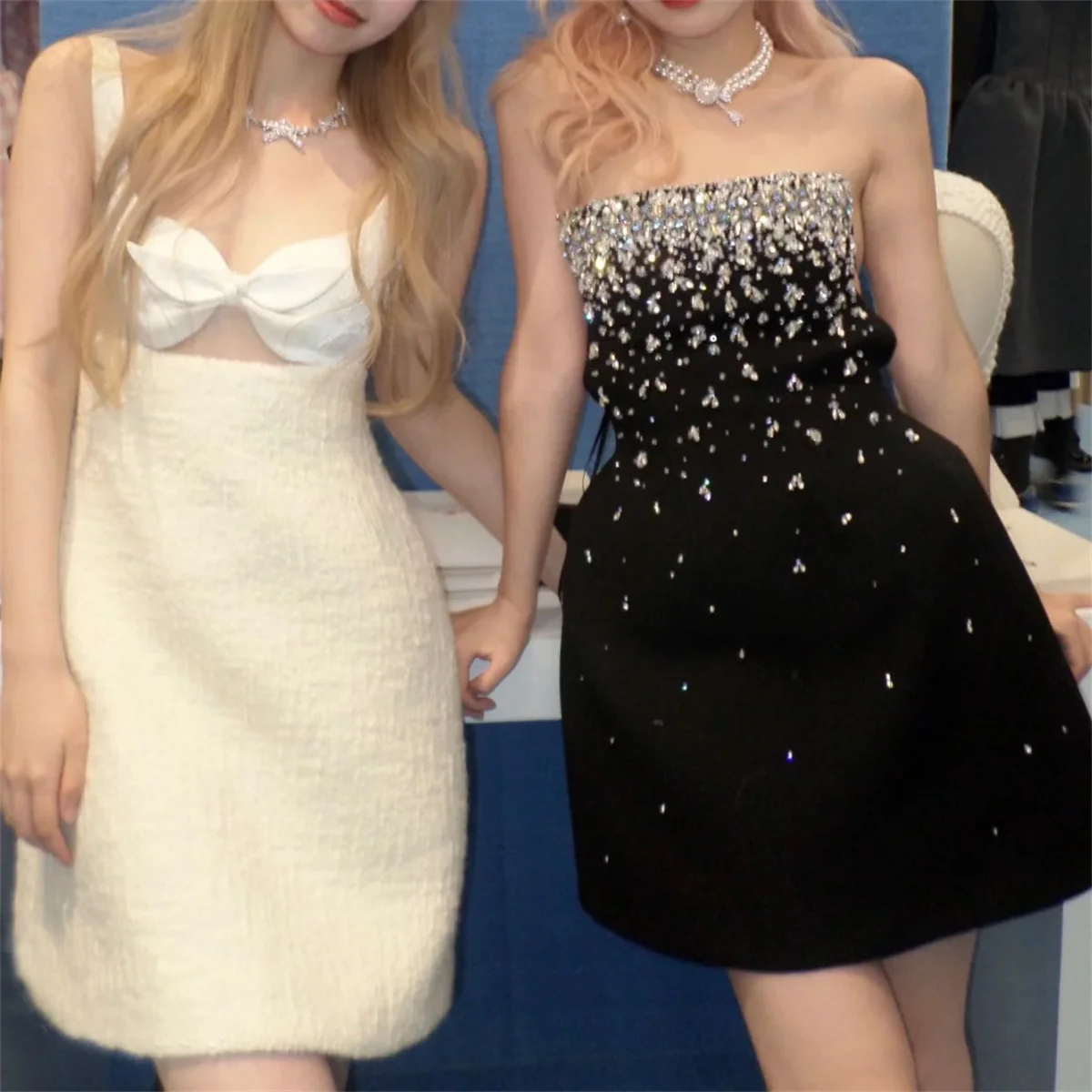 

Cocktail Mini Dress Halter Flat Neck Bright Diamond Bow Satin Black Beige Prom 2023 Summer New Premium Cocktail Dresses