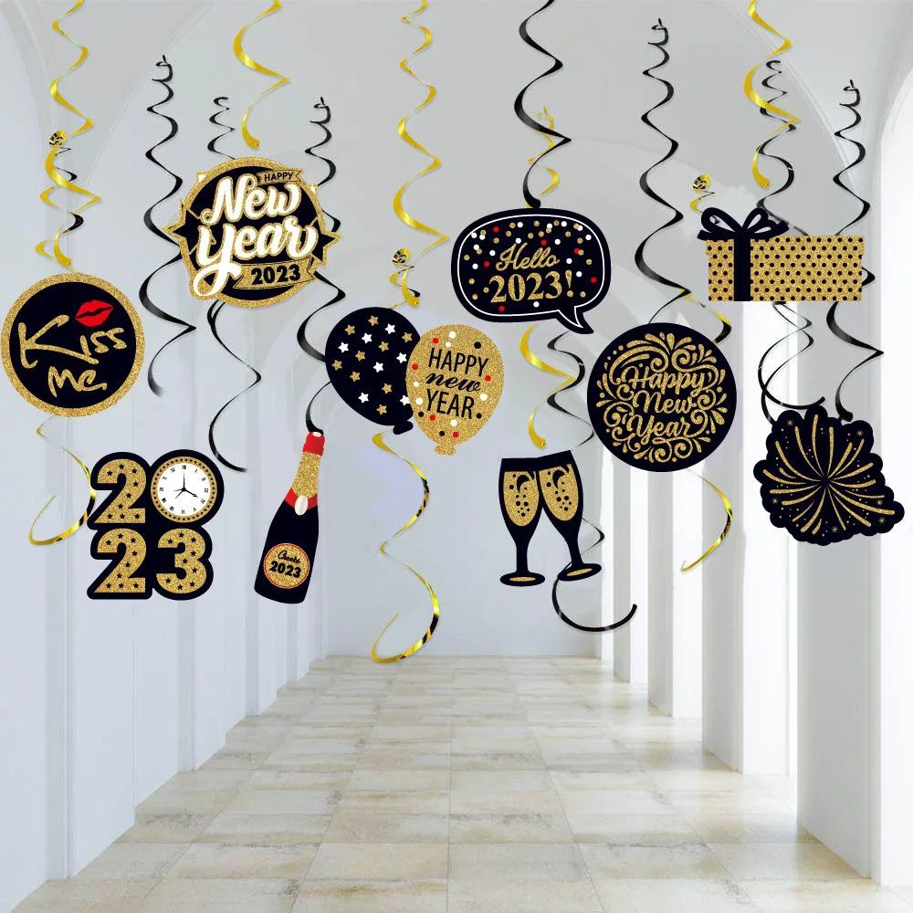 

8pcs/10pcs Happy New Year Spiral Pendant Ceiling Hanging Garlands New Year Swirl Decor Christmas New Year's Eve Party Decoration