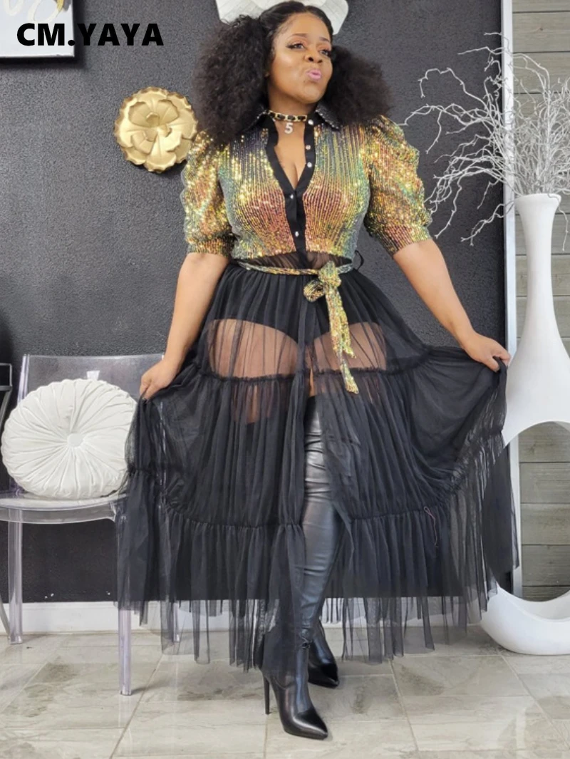 

CM.YAYA Women Sequines Mesh Patchwork Single Breasted Puff Half Length Sleeve Dress 2022 New Streetwear Sexy Party Dresses
