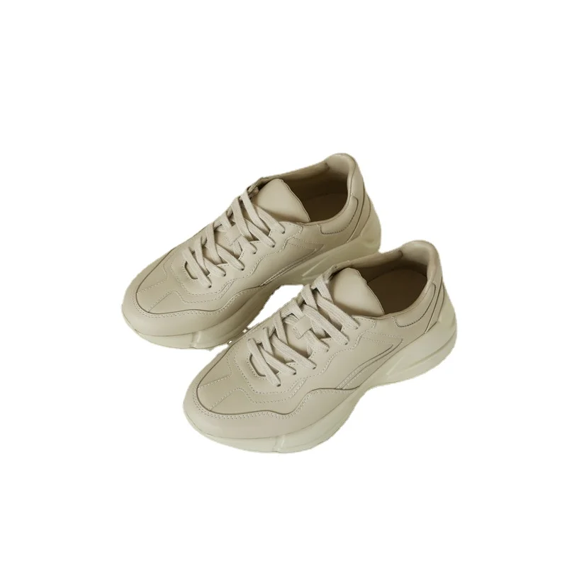 

Spring New Dad's Shoes Ladies Round Toe Lace Up Casual Genuine Leather Thick Sole Comfortable Versatile White Women Sneakers