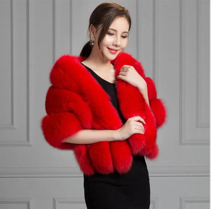 Fur wholesale autumn  winter faux fox fur shawl vest coat cape hood b pocket luxury lady evening party wear clothes sleeveless