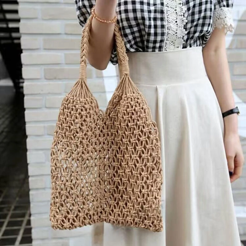 Casual Handwoven Handbag beach Style Wrist Pack for Ladies Lightweight Hollow Shoulder Bag Portable Braided Net Tote Bag
