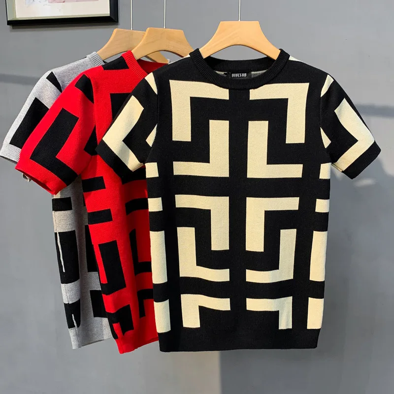 

FAKUNTN Short Sleeve Knitting New T-Shirt Men Slim Streetwear Color Contrast T Shirt Men Tee Shirt Homme Social Club Outfits