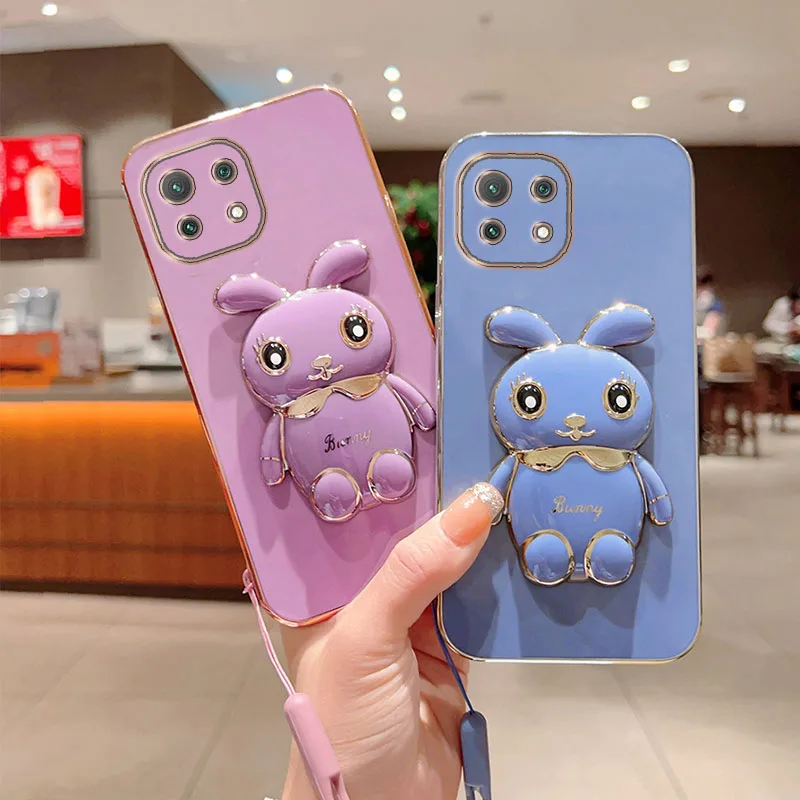 

Phone Case for Xiaomi Mi 11 ultra Mi11 Xiaomi11 11ultra 5G Luxury Plating Cute Rabbit Fold Stand With Lanyard Phone Case Cover