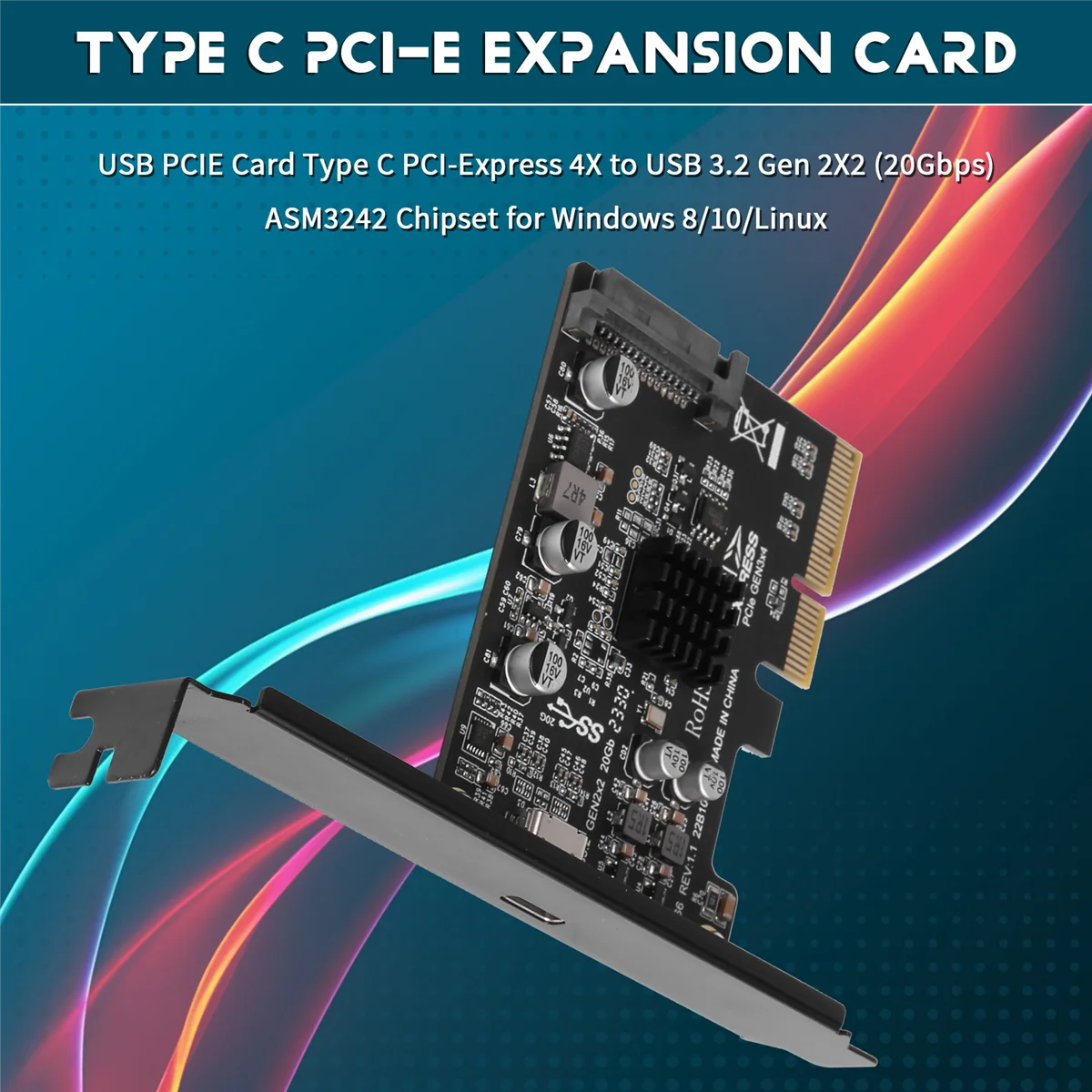 USB PCIE Card Type C PCI-Express 4X to 3.2 Gen 2X2 (20 Гбит/с) Набор микросхем ASM3242 для Windows 8/10/Linux