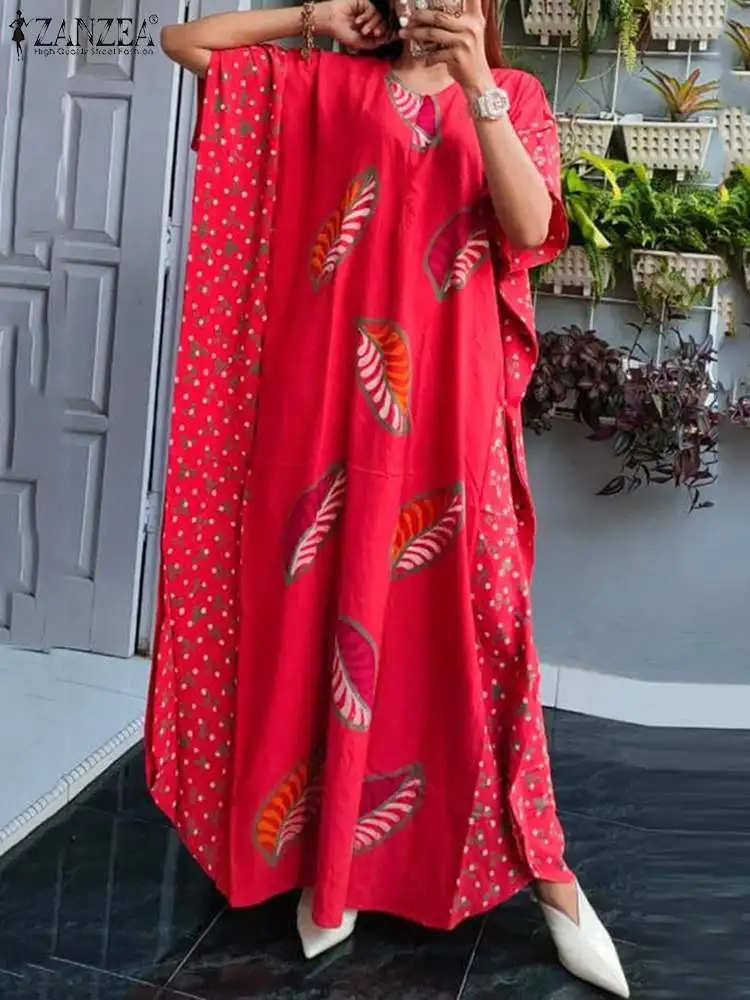 

ZANZEA Casual Loose Kaftan Dresses Women Vintage 2023 Fashion Dolman Sleeve Long Vestidos Leaves Printing Oversize Maxi Dress