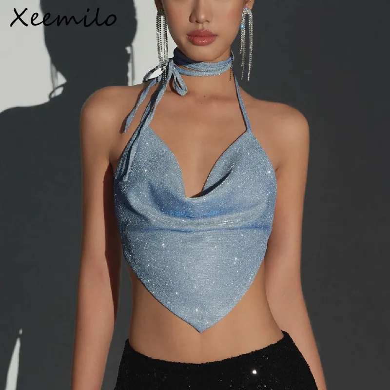 

Xeemilo Y2K Shinny Backless Tank Top Sexy Deep V-neck Bandage Halter Crop Tops Aesthetic Irregular Shape Skinny Slim Women Camis