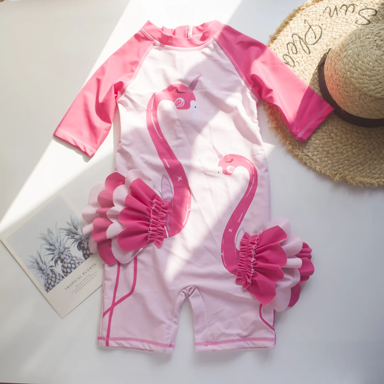 Цельный розовый купальник с фламинго для девочек от 4 до 7 лет лоскутный детская