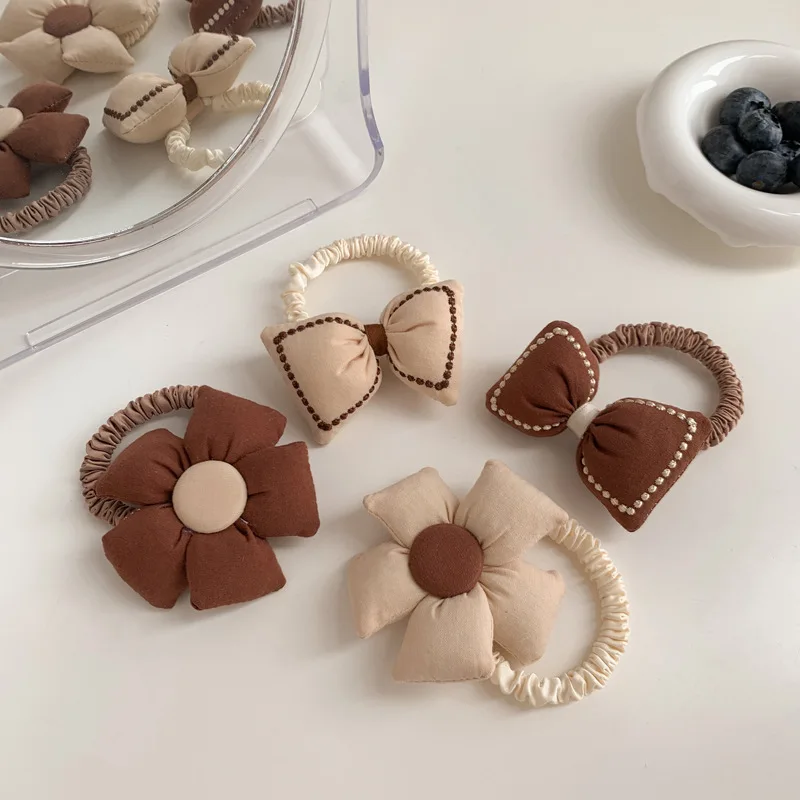 

2Pcs South Korea Autumn Brown Flowers For Children Sweet Girls Headbands Elastic Ponytail Holder Winter Kids Hair Accessories