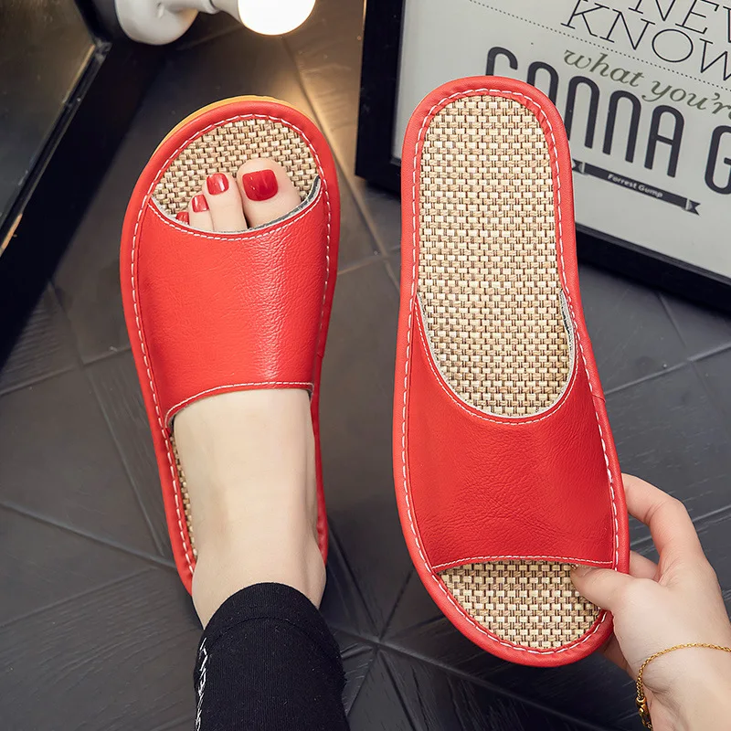 

Genuine Leather Cowhide Slippers Non-Slip Men Women's Summer Shoes Hemp Insole Light Luxury Comfortable Soft Couple Slippers