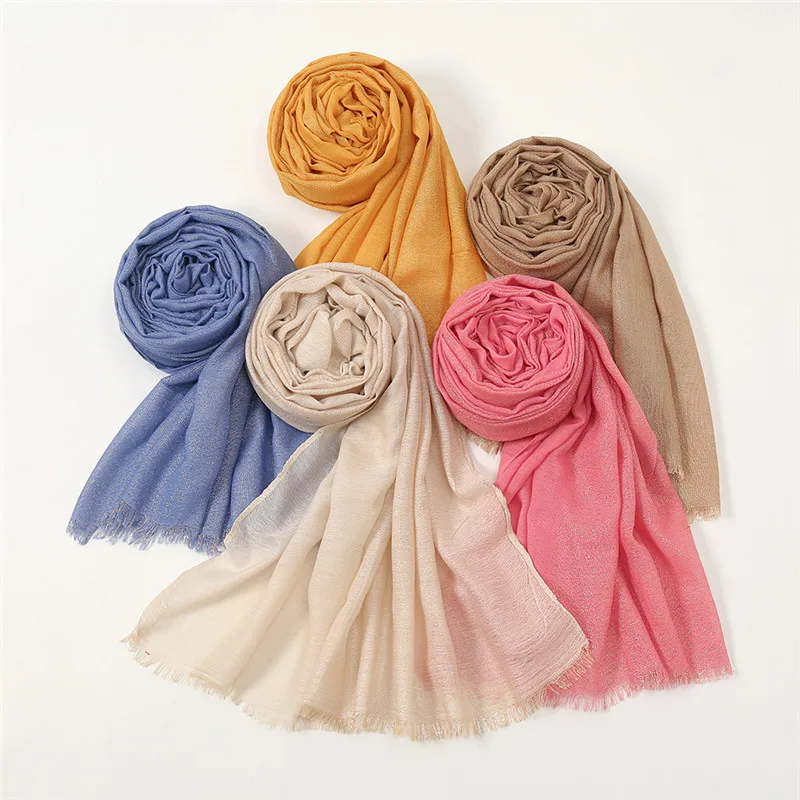 

New Plain Lurex Glitter Fringe 100% Polyester Shawl Scarf Lady High Quality Wrap Neck Pashmina Stole Bufandas Muslim Hijab Sjaal
