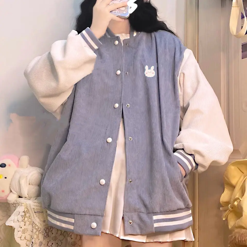 Autumn Japanese color blocking Baseball Jacket Soft girl kawaii female student 2022 new Korean loose Cardigan Sweater Jacket