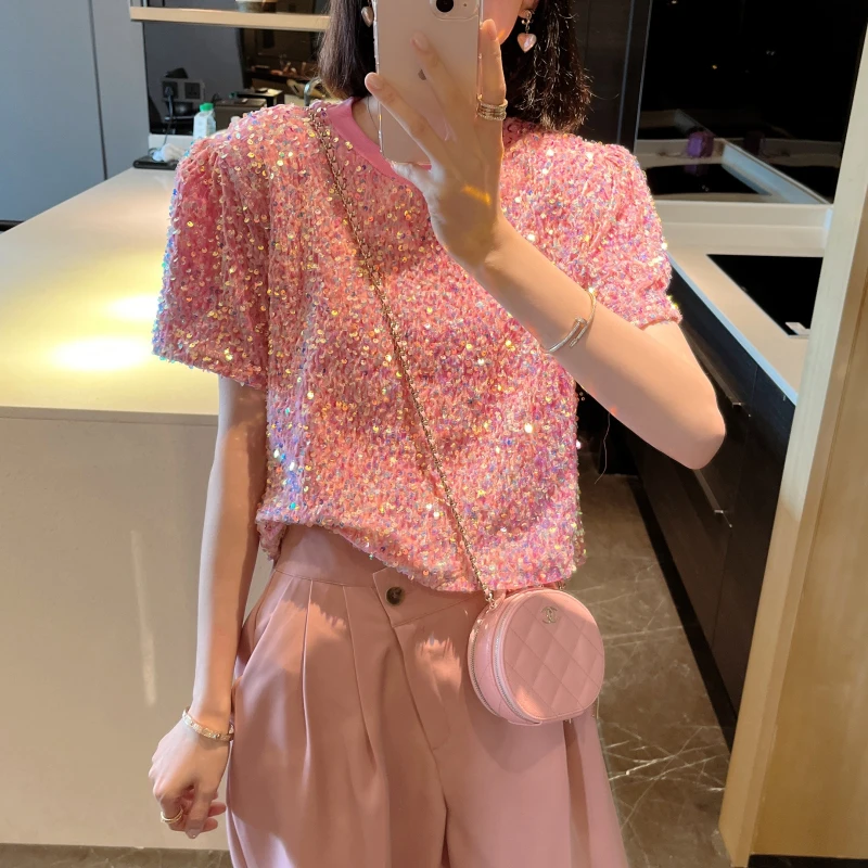 

Korean New Arrival Solid O-neck Loose Pink T-shirt Short Sleeve Casual Fashion Summer Women Tops Full Sequined T Shirts