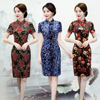 2022 summer new velvet short sleeved cheongsam plus size dress women chinese dress qipao cheongsam linen plus hanfu