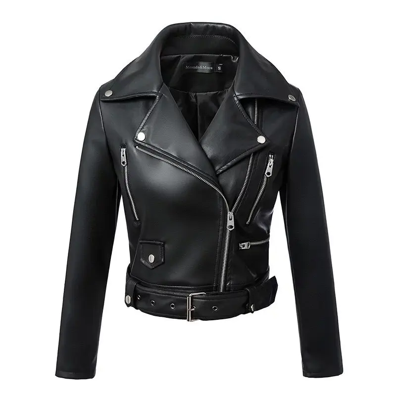 New Women Spring Autumn Black Faux Leather Jackets Zipper Basic Coat Turn-down Collar Motor Biker Jacket with Belt Jaqueta Preta