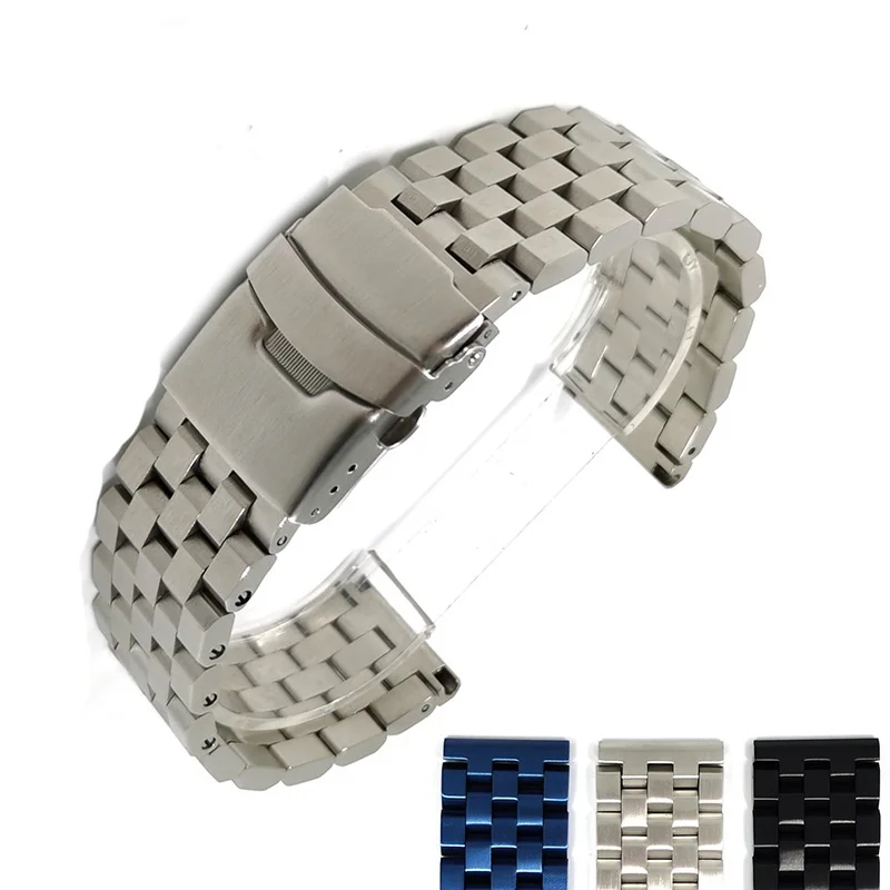 Enlarge Stainless Steel Watchband Silver Blue Black 20mm 22mm 24mm Metal Watch Strap Wrist Watches Bracelet Double Safety Buckle Clasp