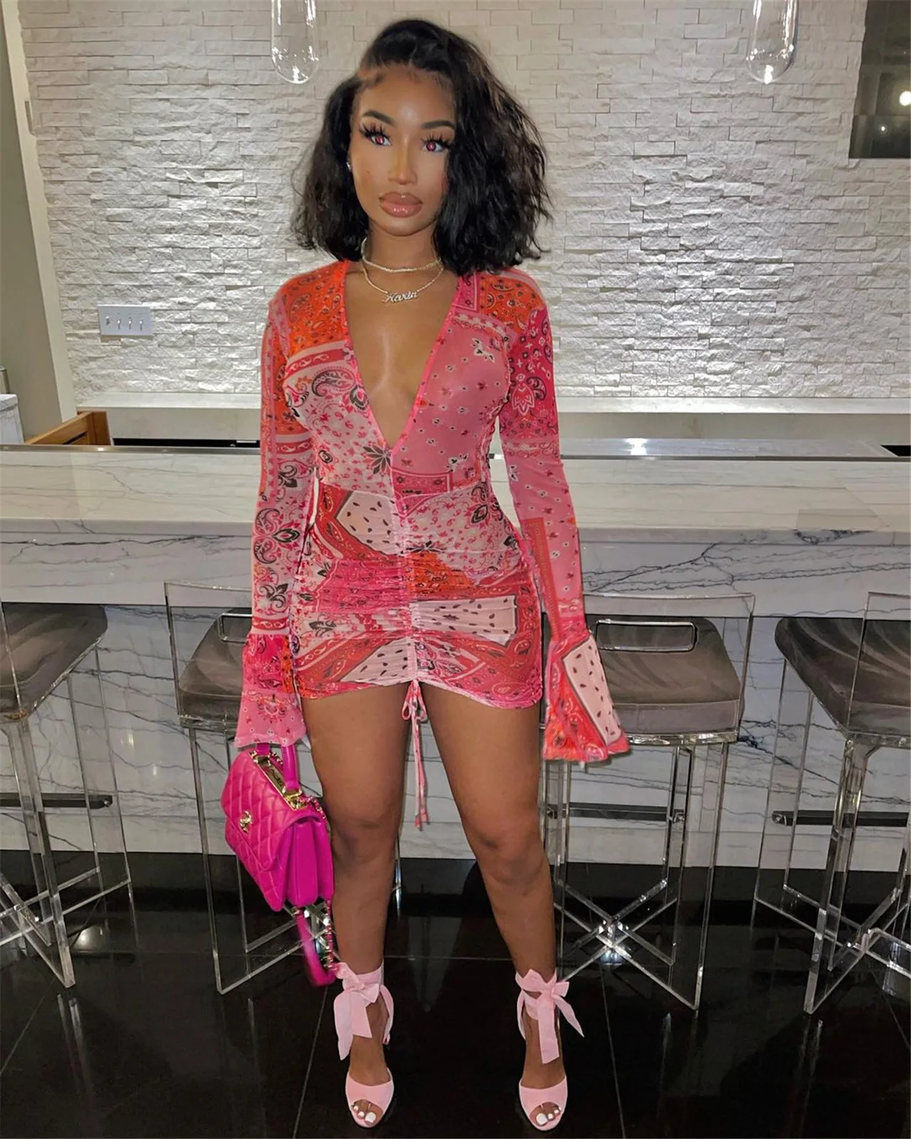 

Women Dress sexy V-Neck Mesh Party Dress Long Sleeve Transparent Sexy Retro Suit Club Mini Bodycon Dress