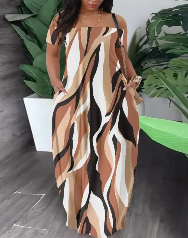 

Summer Dresses for Women 2023 Fashion Pocket Decoration Abstract Print Dress Looes Casual Long Women's Dress Vacation