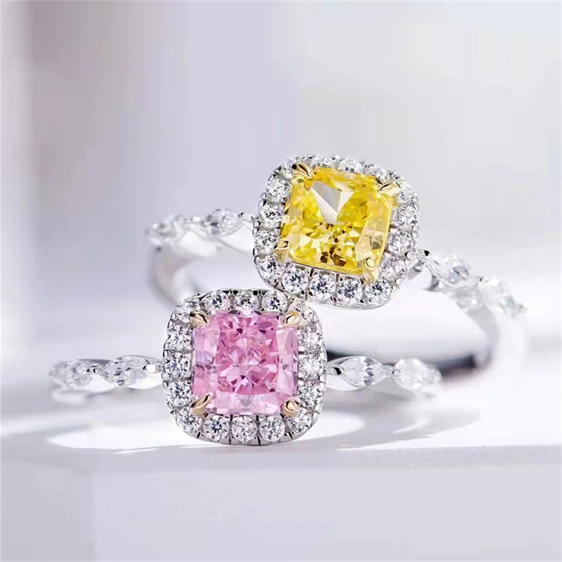 

925 Sterling Silver Faux Diamond Ring Pink Yellow 1 Carat Princess Baguette Ring for women