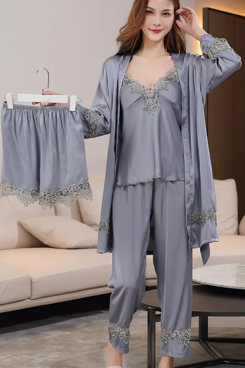Домашняя одежда, повседневная женская ночная рубашка, комплект для сна из 5 предметов, Сексуальная кружевная Пижама, пижамный комплект, атласное нижнее белье с длинным рукавом