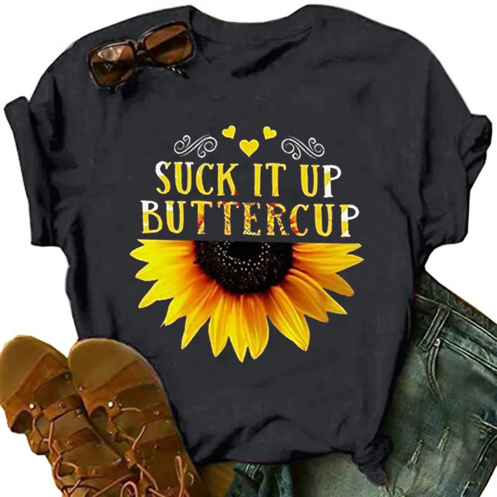 Women Casual Sunflower Short Sleeves O-Neck Loose T-Shirt Blouse Tops