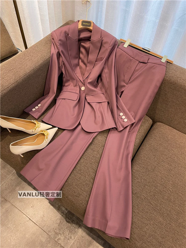 

Guesod Wool Blazer Suit Elegant Exquisite Wool Slim Blazer+Flare Pants Suit New