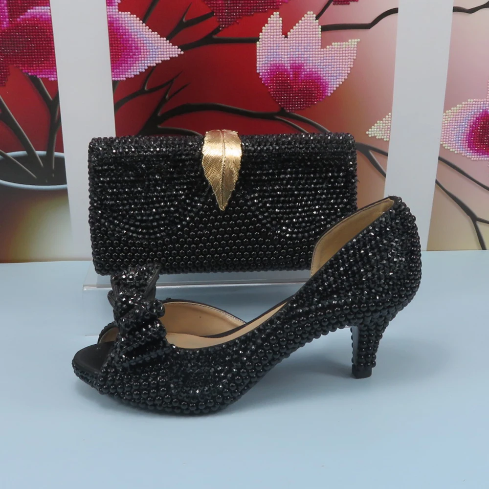 2023 New arrival Black Crystal Women wedding shoes with matching bags Peep toe High Pumps fashion Open Toe shoes and Purse