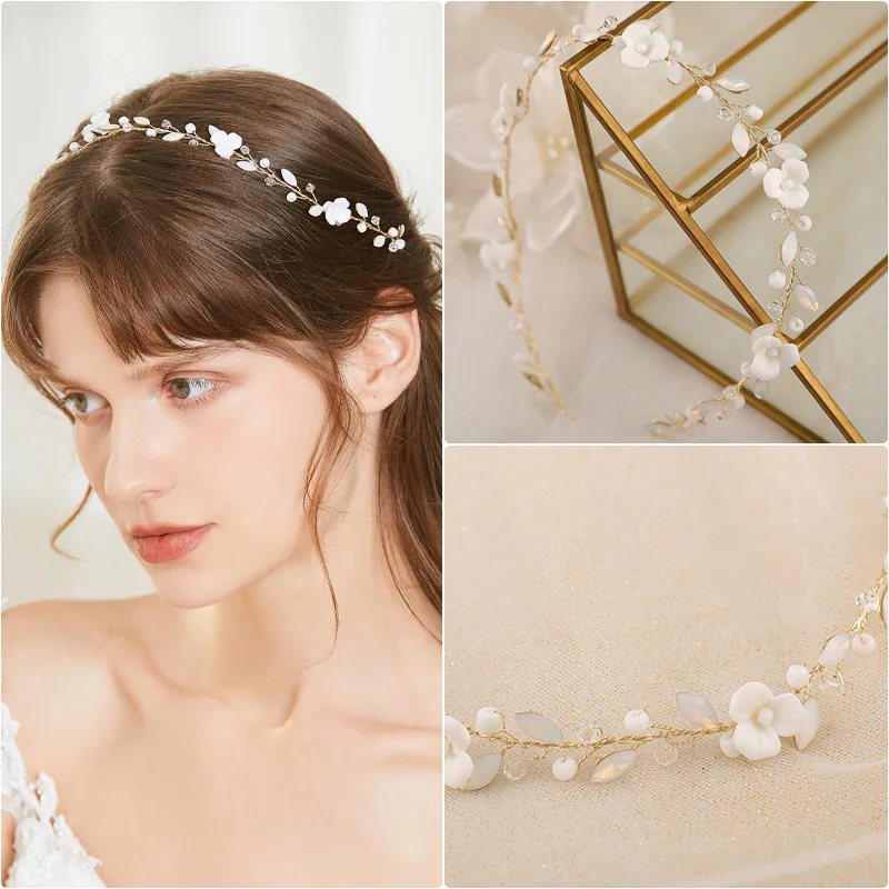 New Baroque Bridal Tiara Headband Ceramic Flower Millet Beads Wedding Hair Piece Jewelry Ladies Prom Hair Accessories