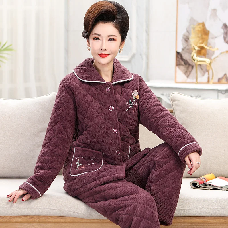 Solid Color Winter Warm Pajama Set Sweet Lovely Three-layer Thick Cotton Flannel Warm Sleepwear Home Wear Clothes Suit for Women