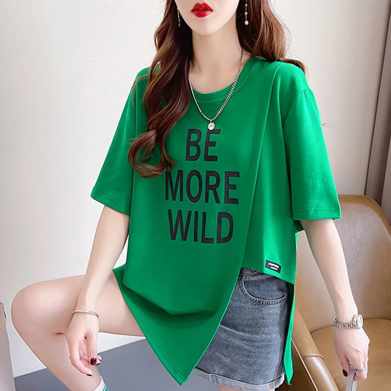 

Fashion O-Neck Spliced Loose Printed Letter Asymmetrical Blouse Female Clothing 2023 Summer New Casual Pullovers Irregular Shirt
