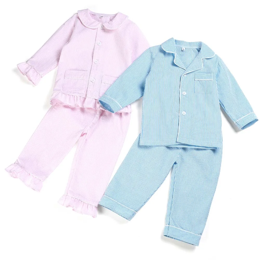 

100% cotton spring and summer seersucker kids pajamas long sleeve stripe boutique home sleepwear 12m-12years